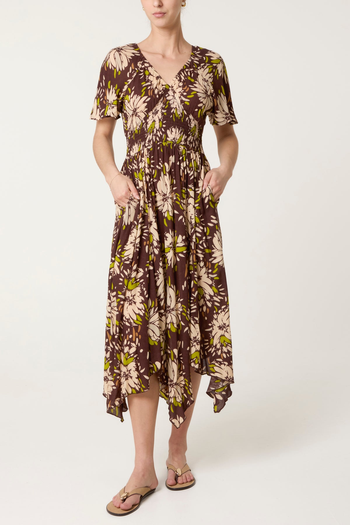 Hanky Hem Shirred Midi Dress