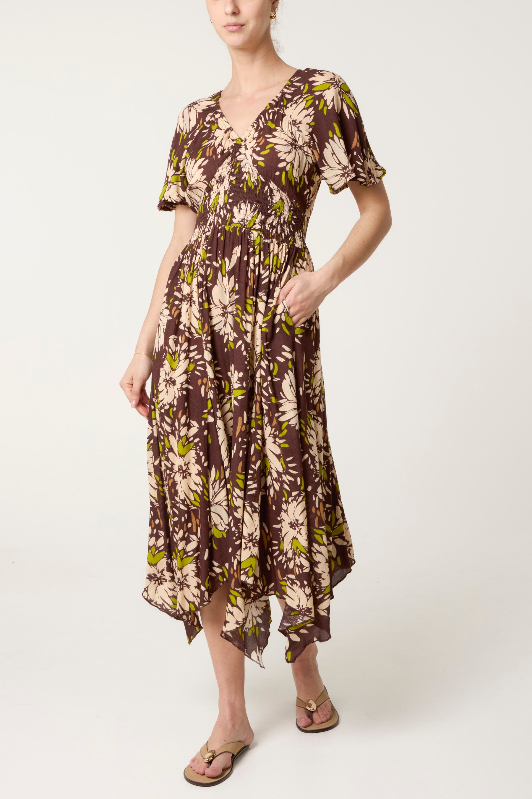Hanky Hem Shirred Midi Dress