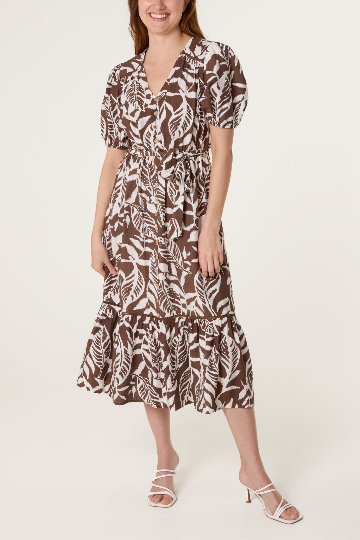 Abstract Leaf Tiered Coconut Button Dress