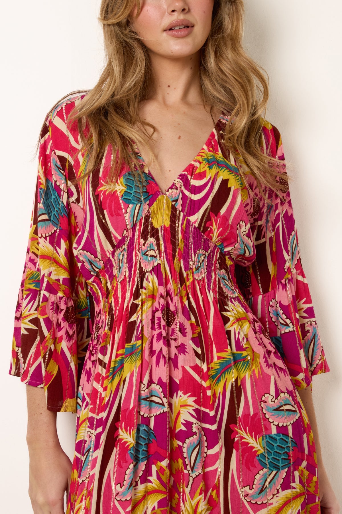 V-Neck Metallic Detail Bright Floral Dress