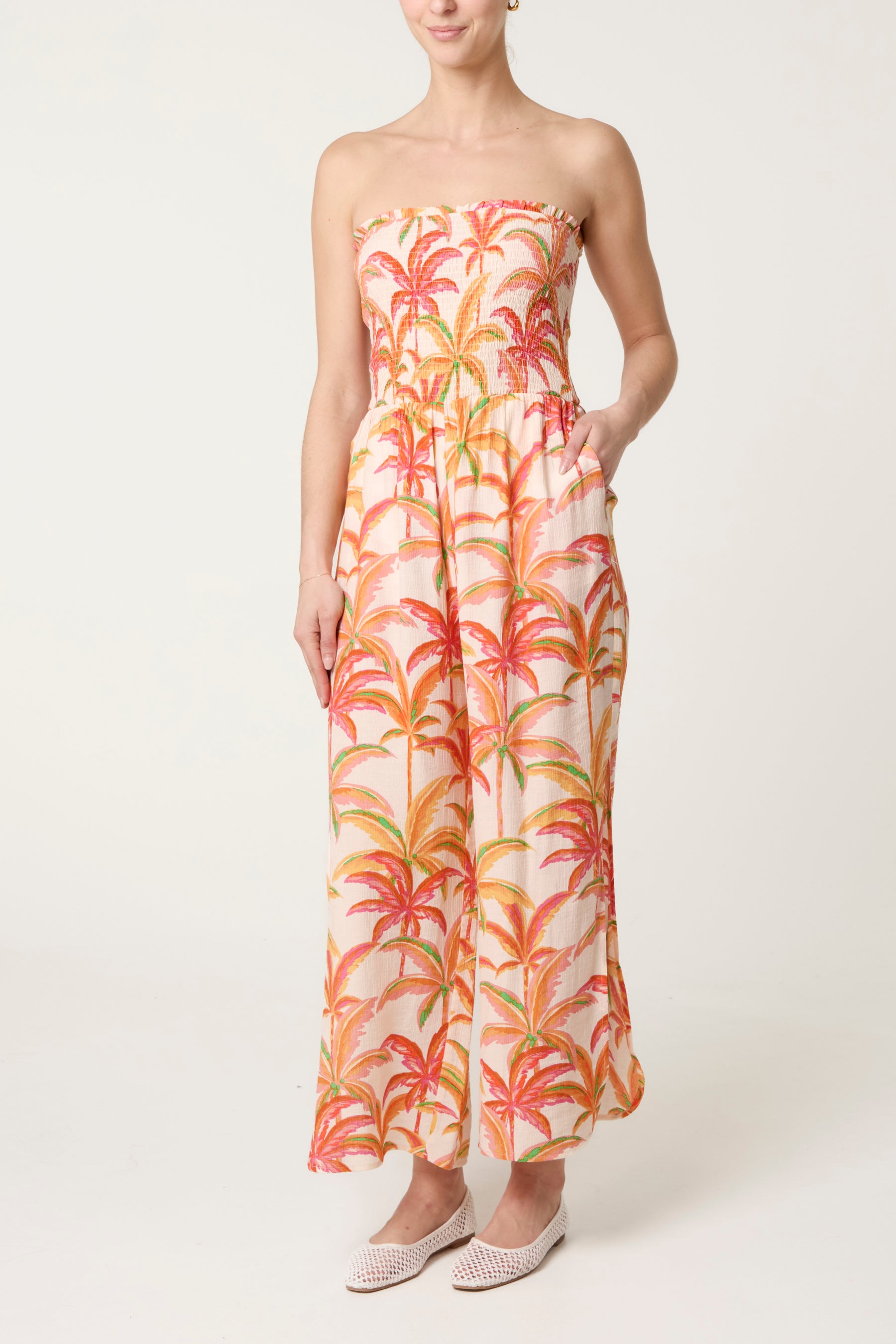Side Split Palm Tree Bandeau Jumpsuit
