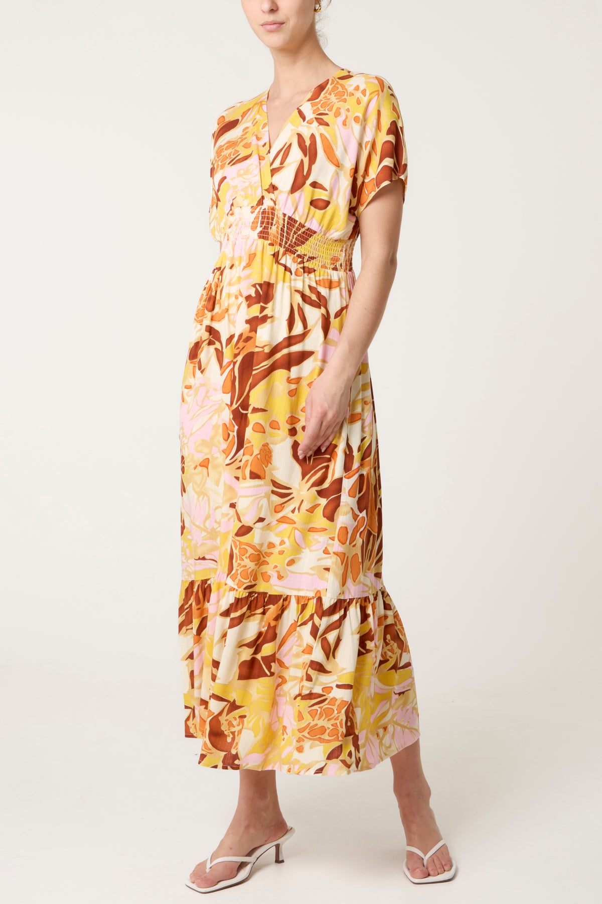 V-Neck Floral Shirred Midi Dress