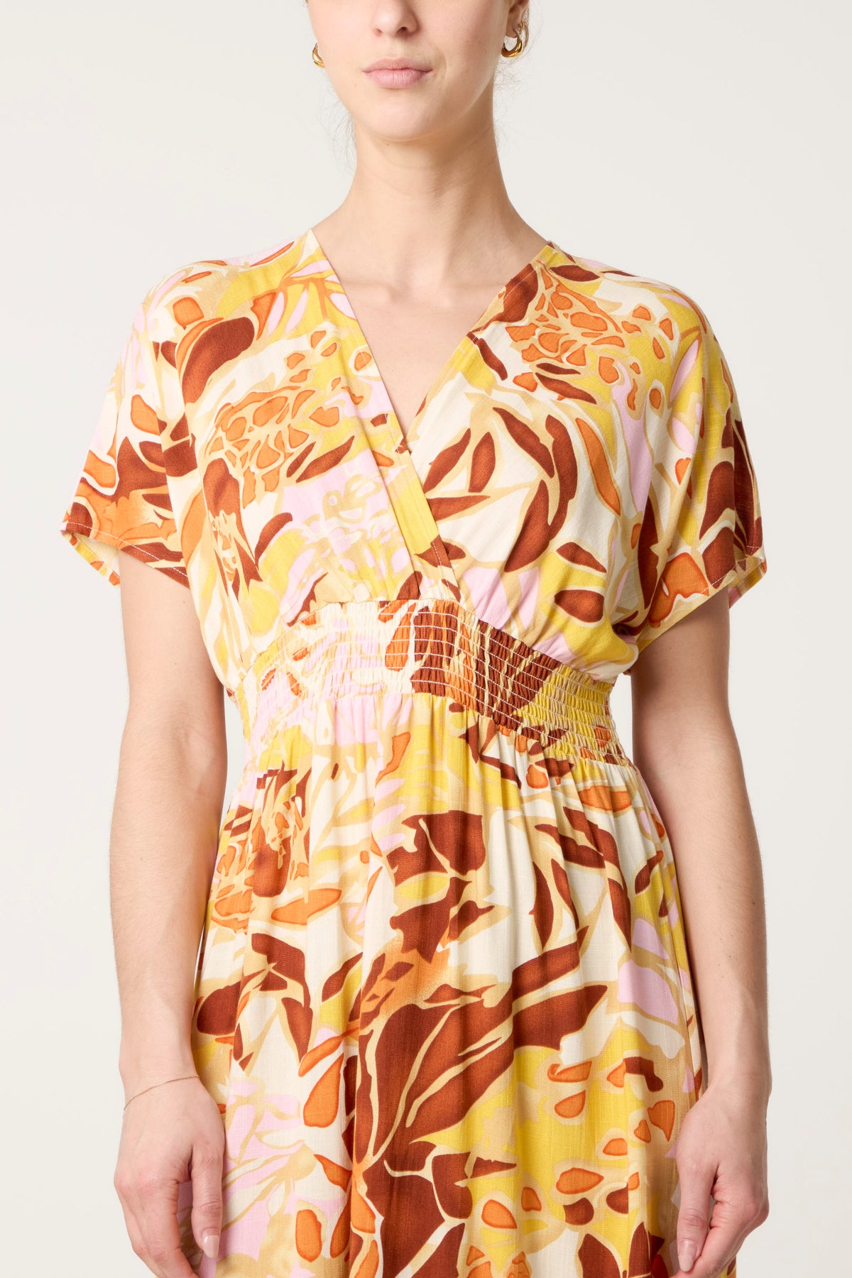 V-Neck Floral Shirred Midi Dress