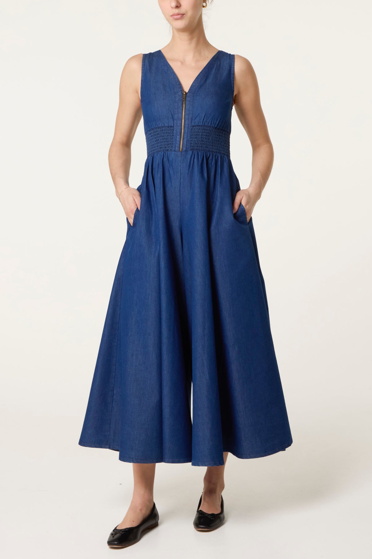 Zip Front Shirred Denim Jumpsuit