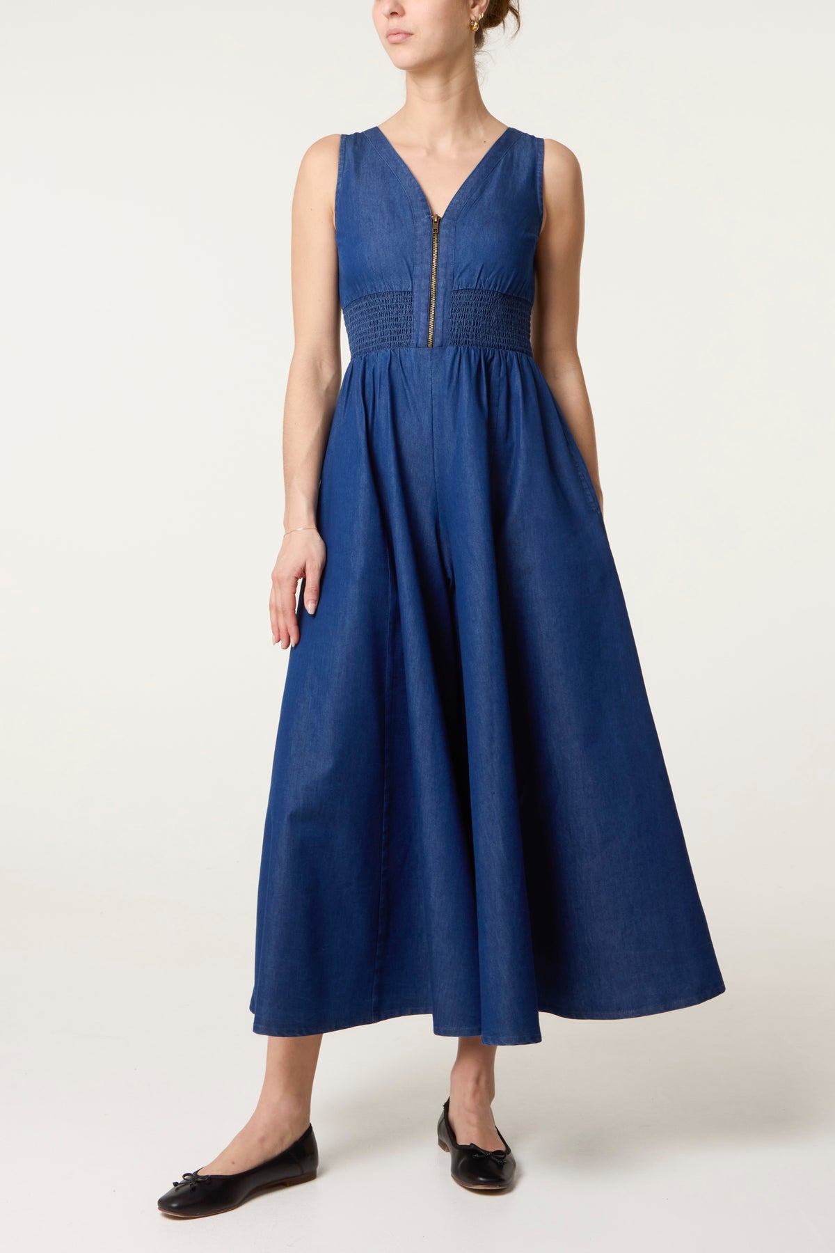 Zip Front Shirred Denim Jumpsuit