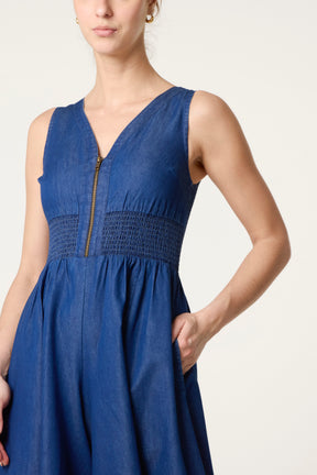 Zip Front Shirred Denim Jumpsuit