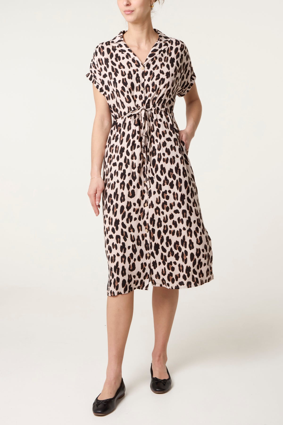 Animal Drawstring Waist Button Through Dress