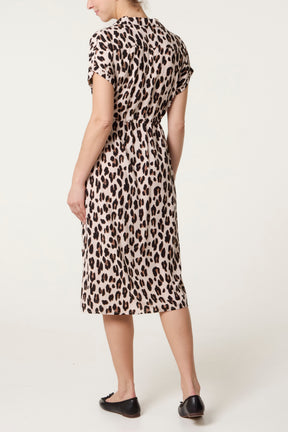 Animal Drawstring Waist Button Through Dress
