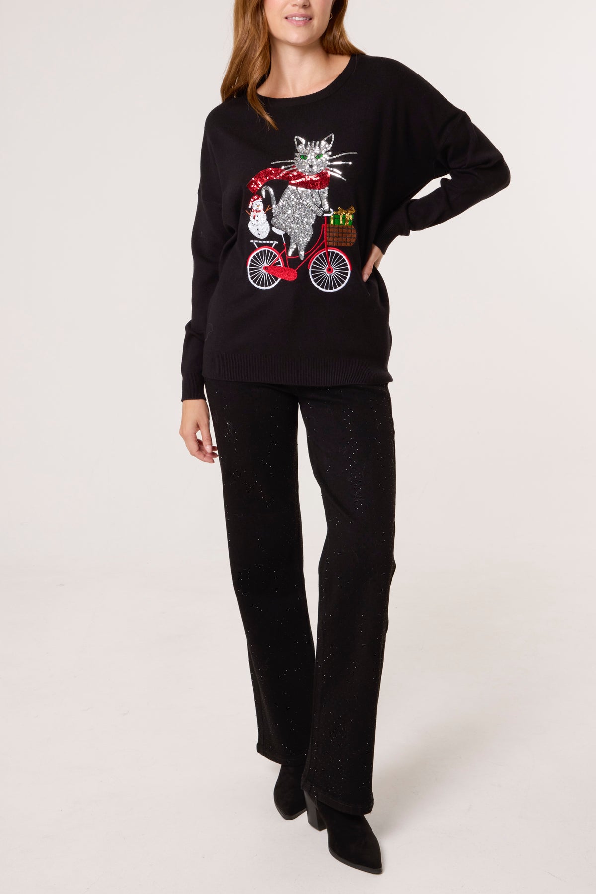 Sequin Cat On A Bike Christmas Jumper