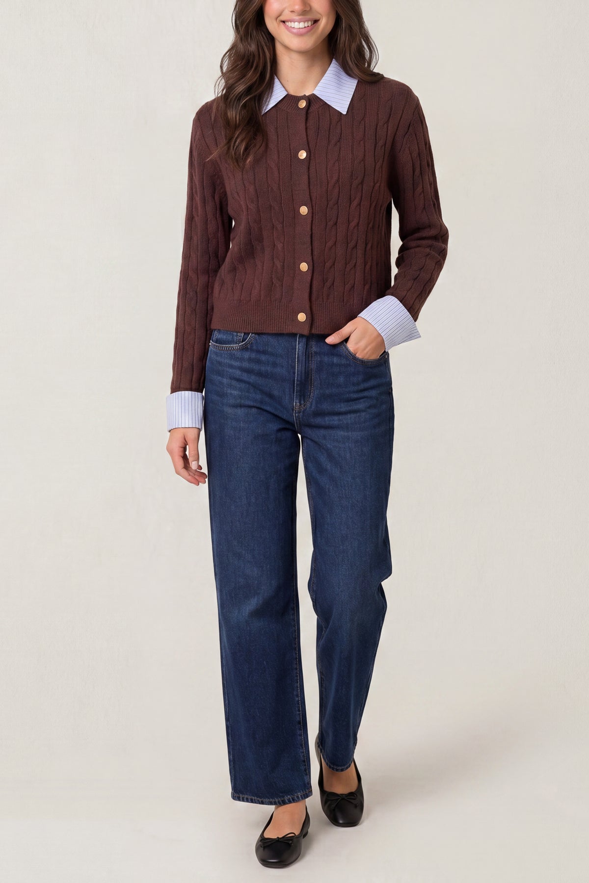 Cable Knit Cardigan With Collar