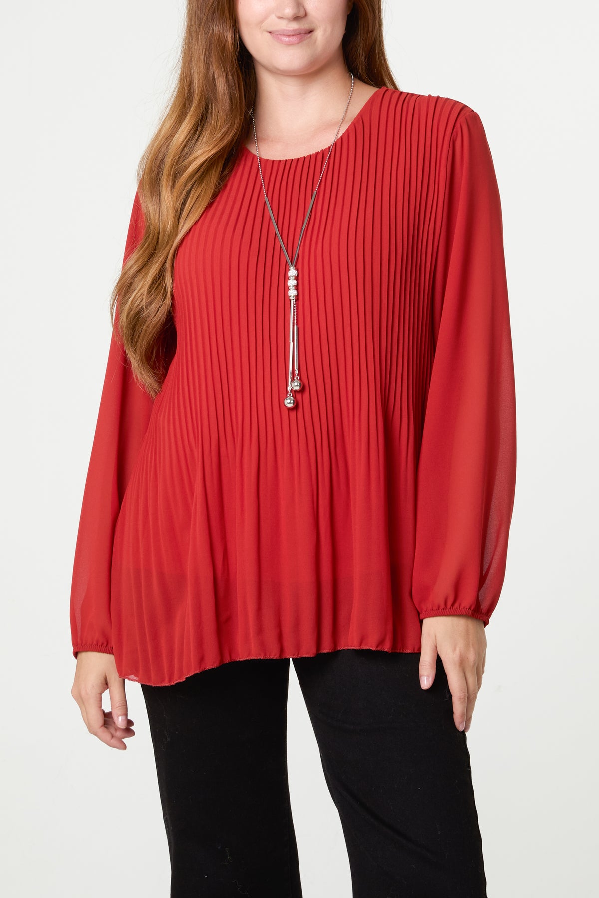 Pleated Long Sleeve Necklace Top