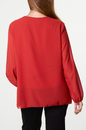 Pleated Long Sleeve Necklace Top