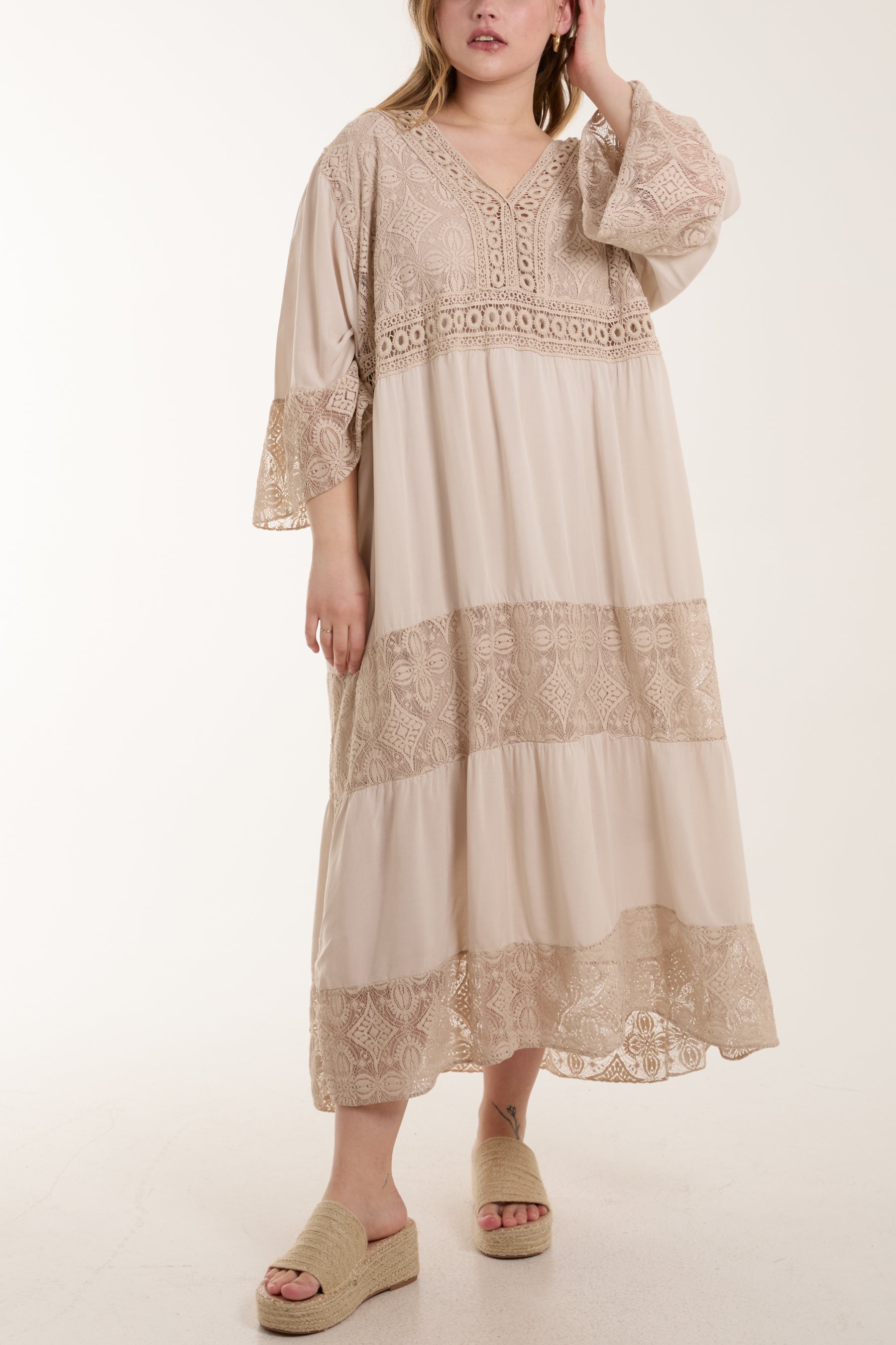 Lace Smock Tiered Midi Dress