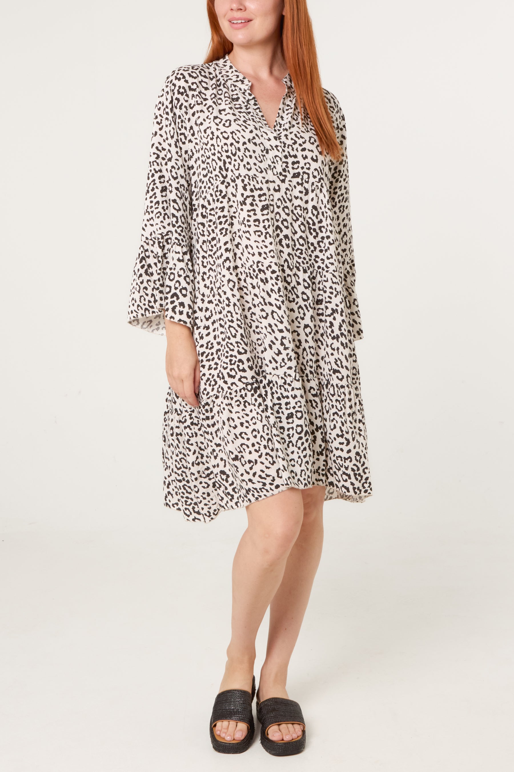 Leopard Print Long Sleeve Tiered Mini Dress