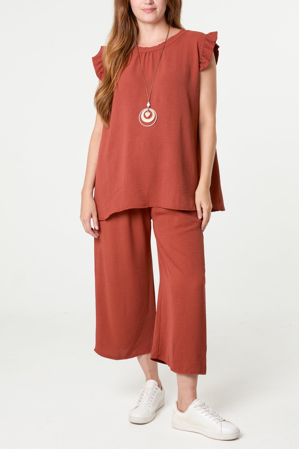 Ruffle Sleeve Top Culotte Trousers Set