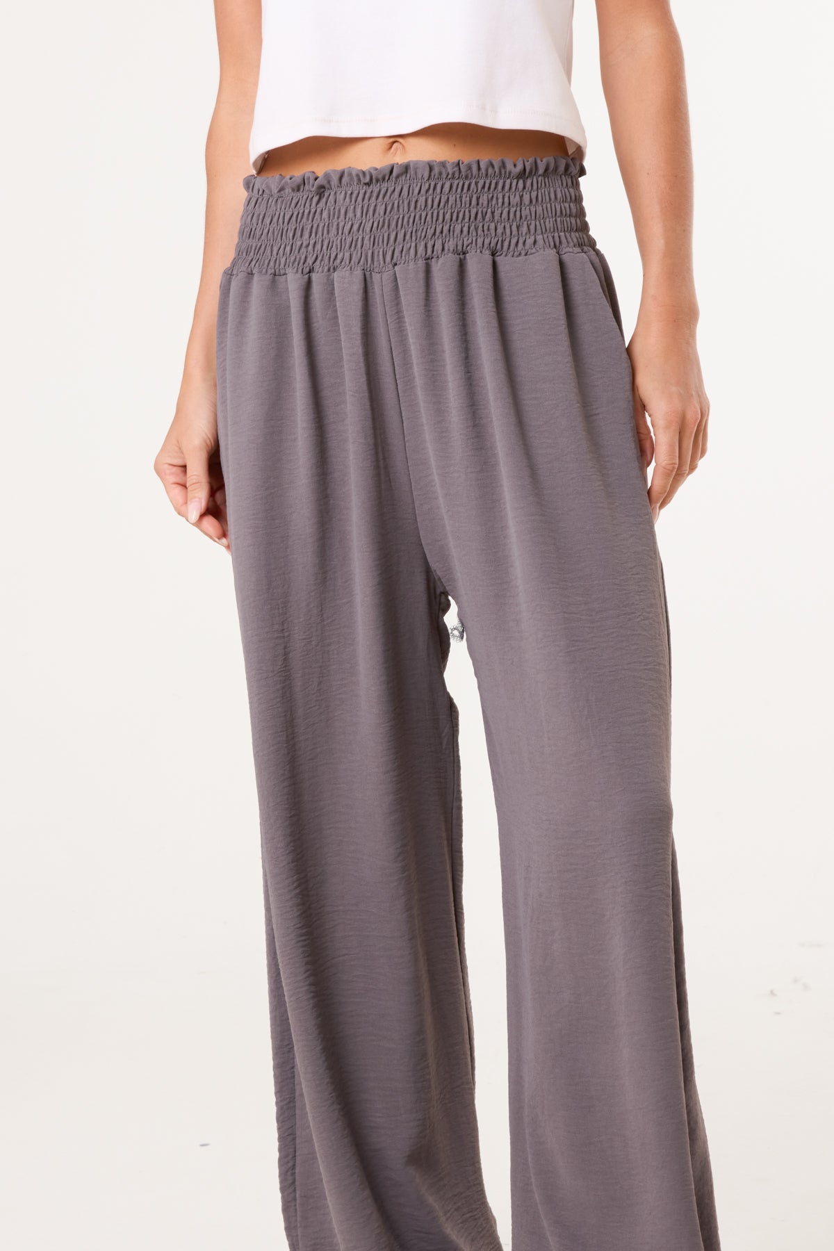 Elasticated Waist Pockets Wide Leg Trousers