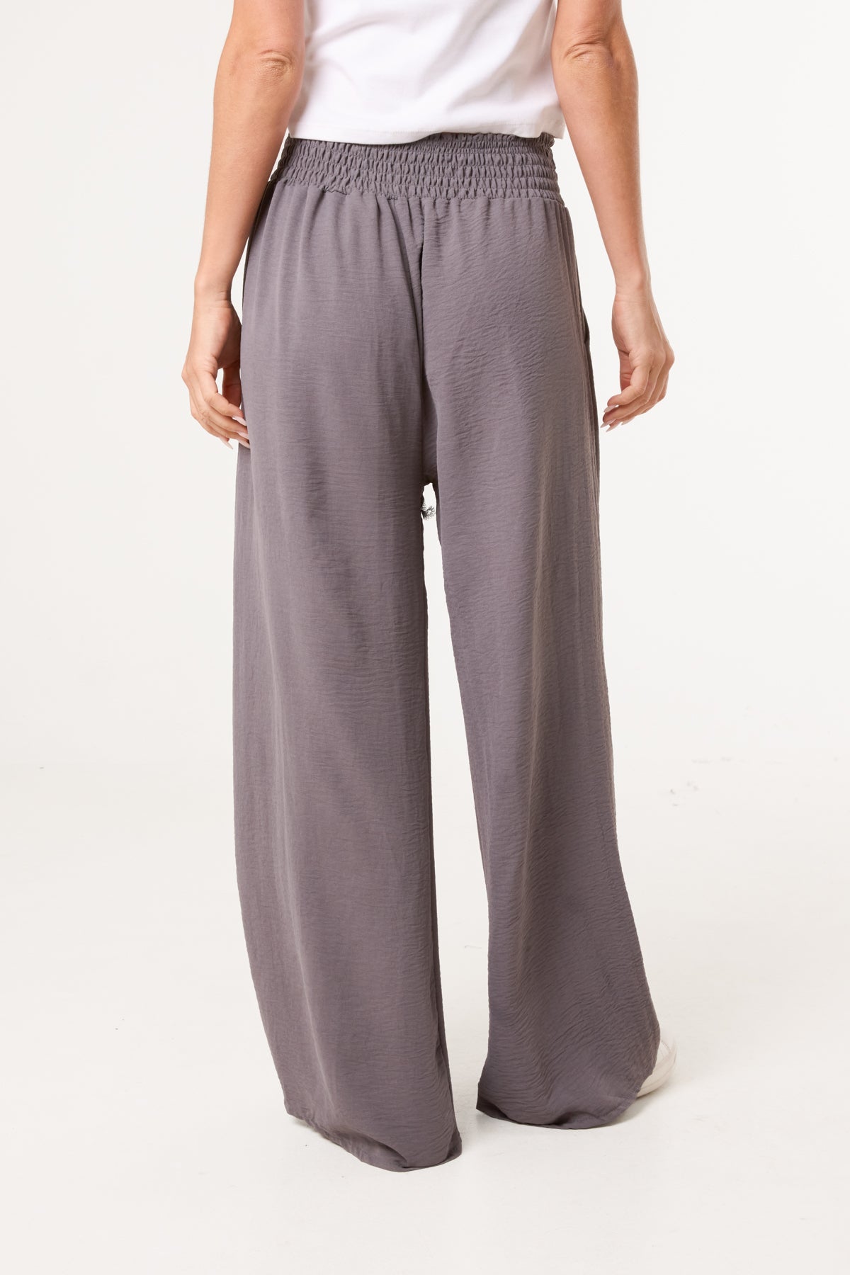 Elasticated Waist Pockets Wide Leg Trousers