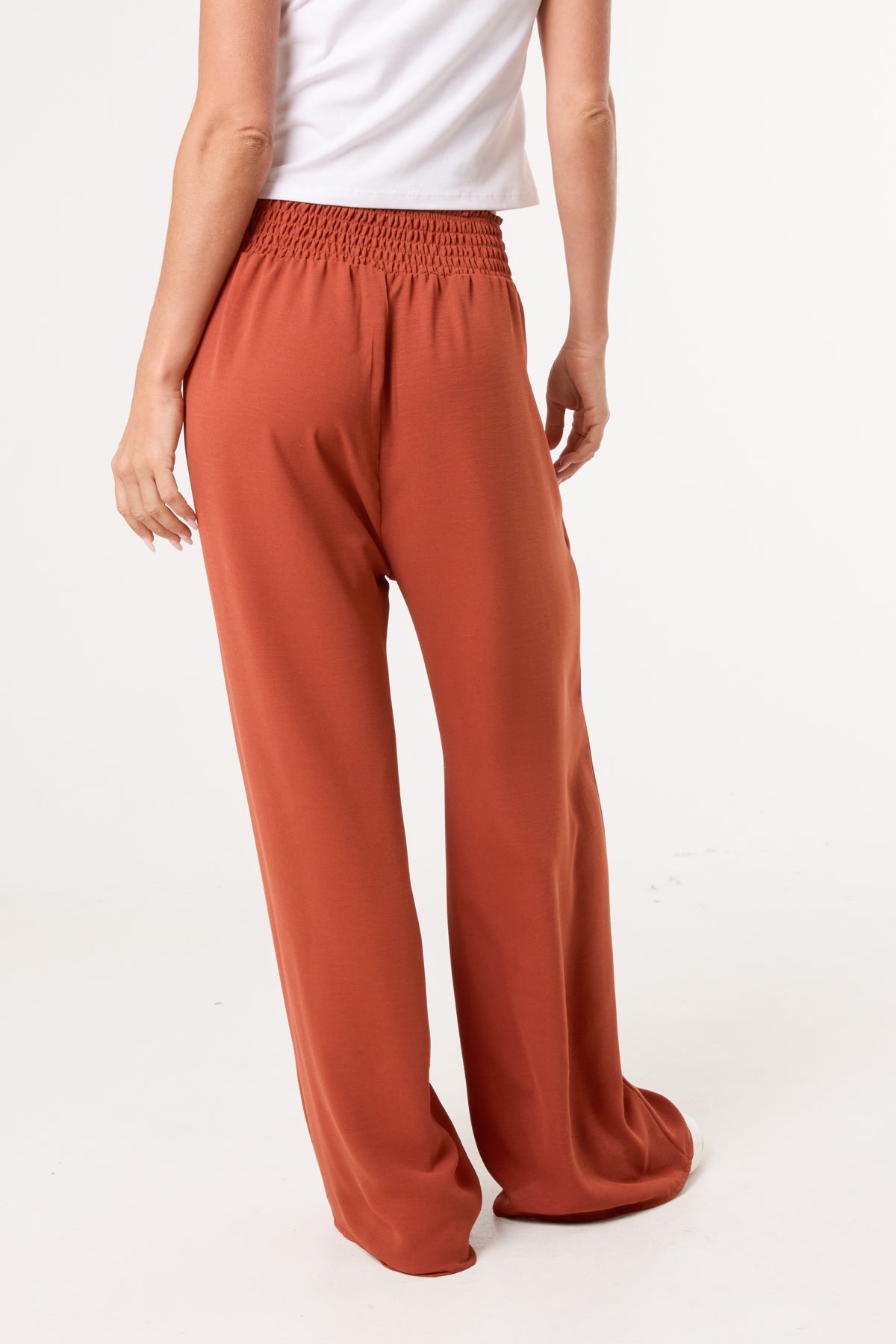 Elasticated Waist Pockets Wide Leg Trousers