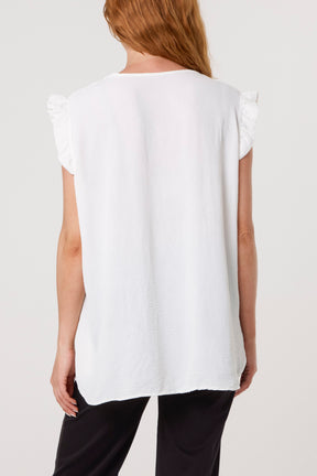 Frill Sleeve Front Button V-Neck Top