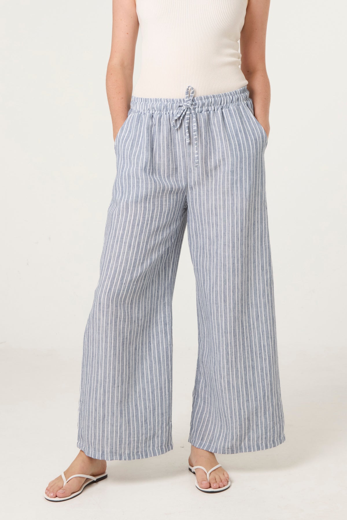 Cotton Blend Striped Wide Leg Trousers
