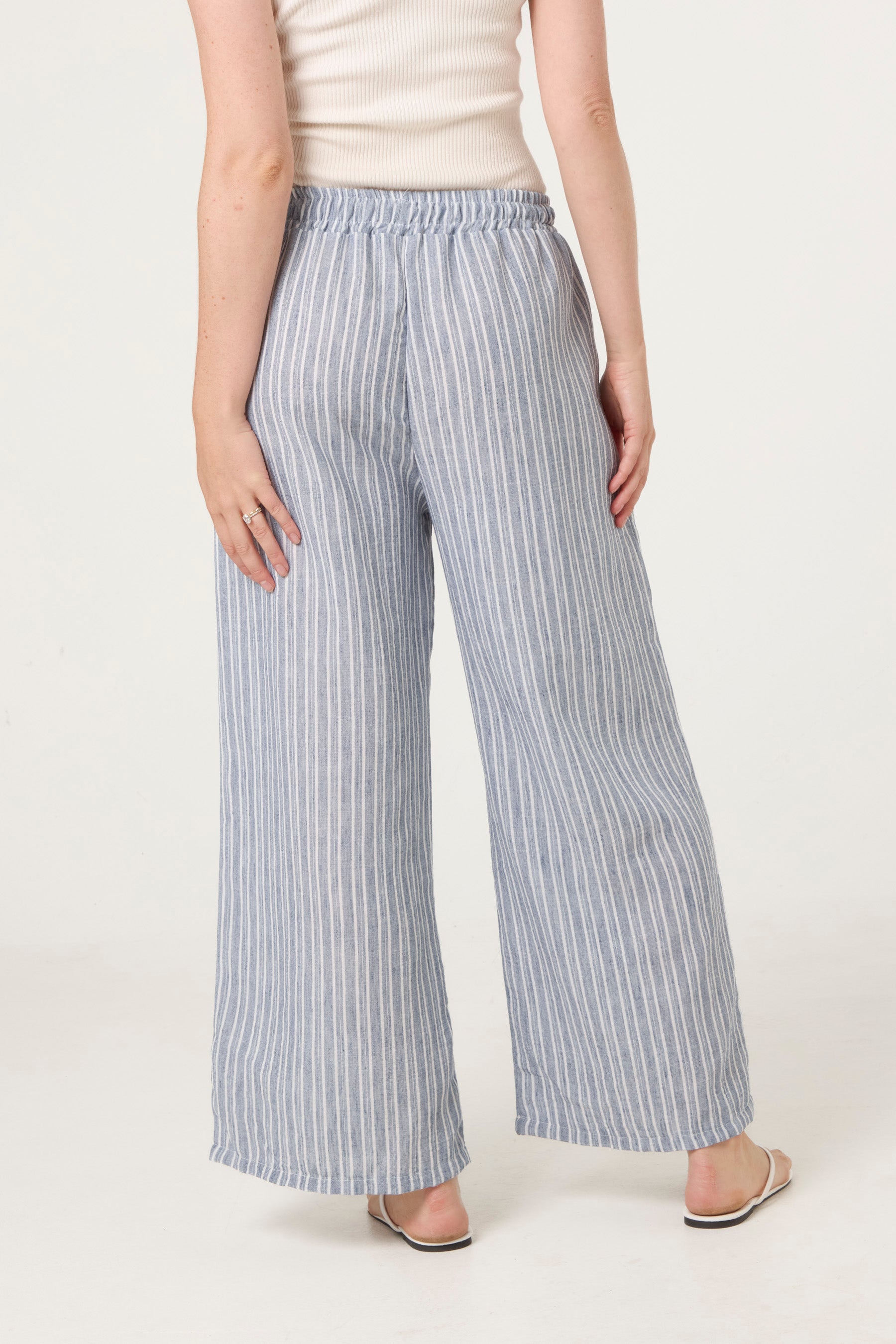 Cotton Blend Striped Wide Leg Trousers