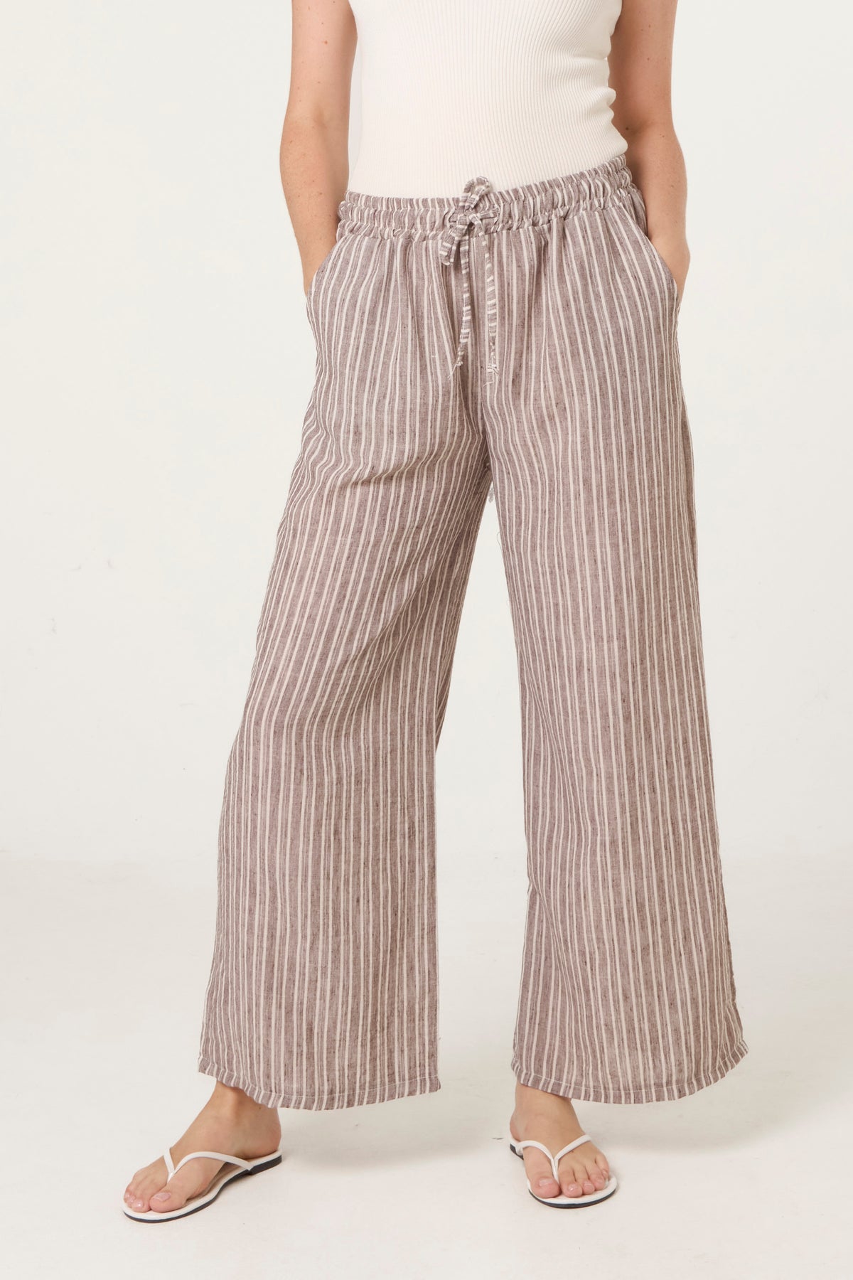 Cotton Blend Striped Wide Leg Trousers