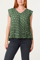 V-Neck Polka Dot Pleated Top