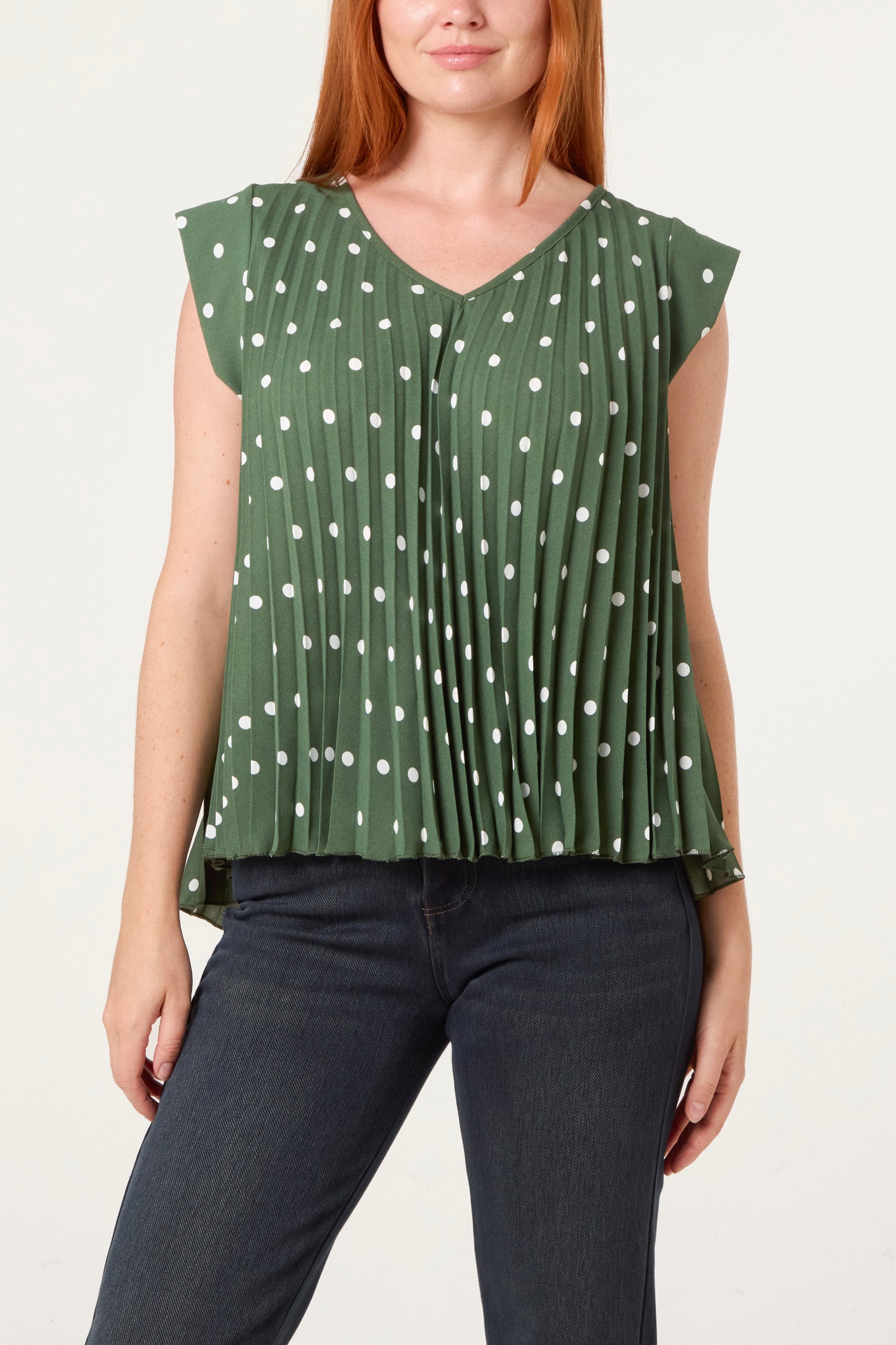 V-Neck Polka Dot Pleated Top