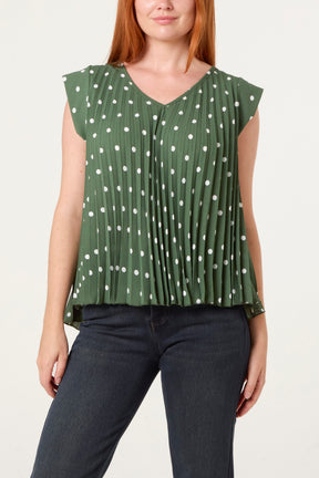 V-Neck Polka Dot Pleated Top