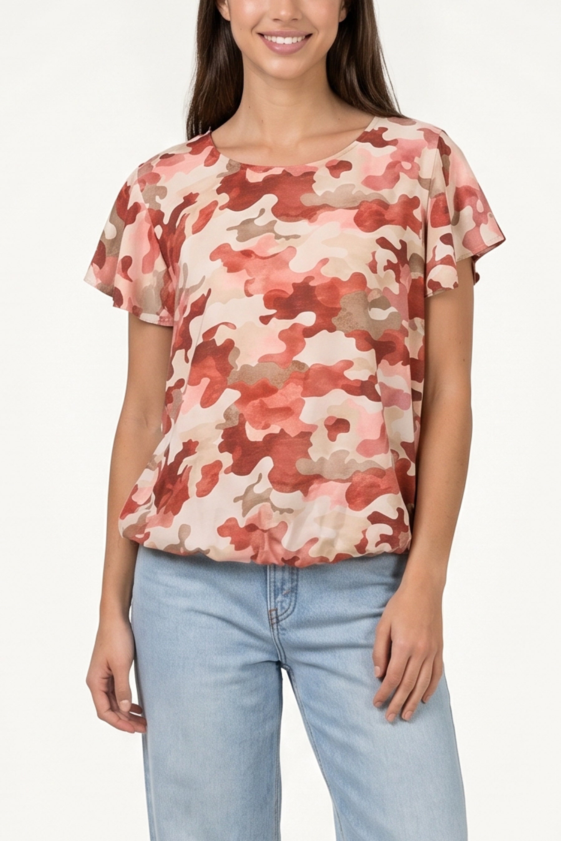 Frill Sleeve Camouflage Print Top