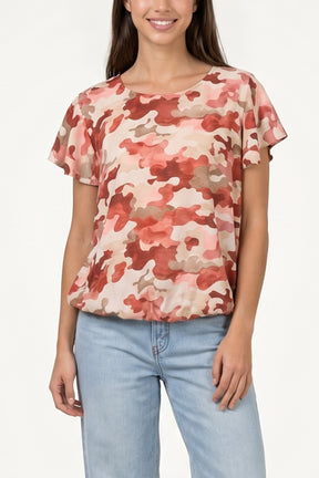 Frill Sleeve Camouflage Print Top