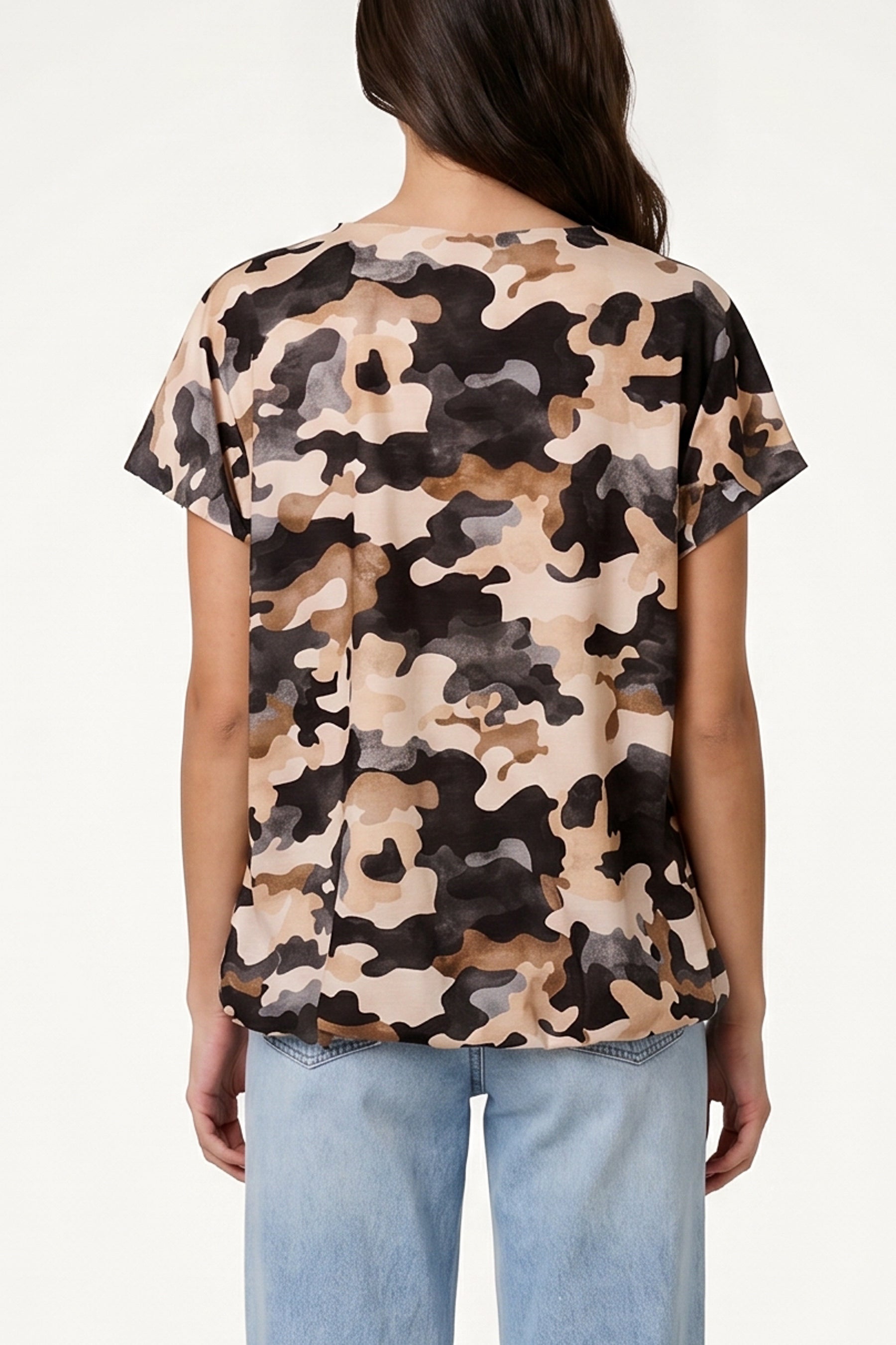 Frill Sleeve Camouflage Print Top
