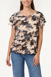 Frill Sleeve Camouflage Print Top