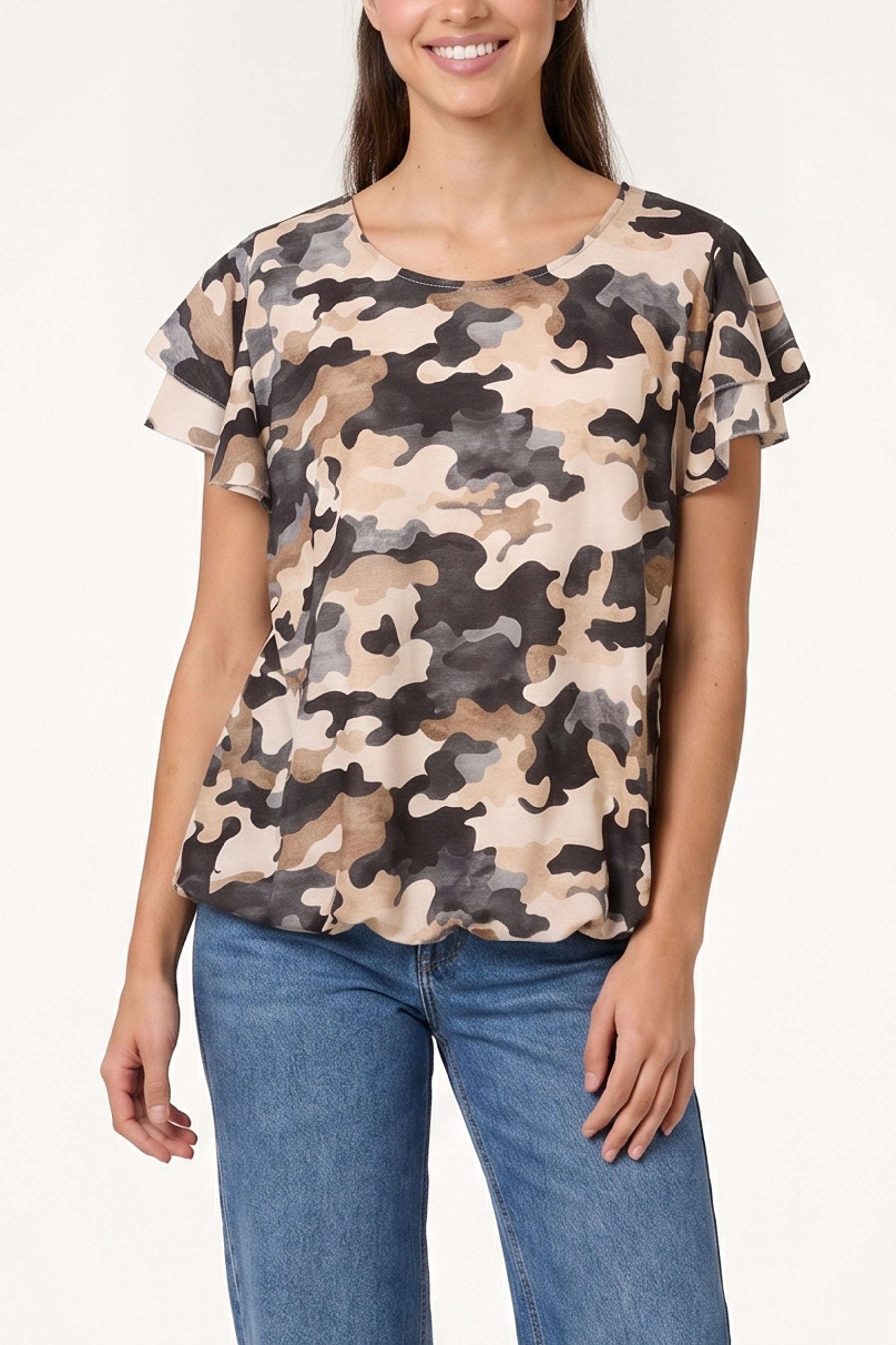 Frill Sleeve Camouflage Print Top