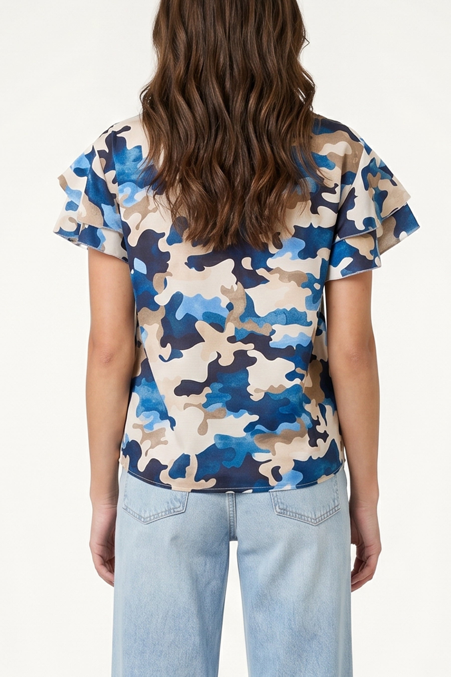 Frill Sleeve Camouflage Print Top