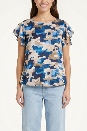 Frill Sleeve Camouflage Print Top
