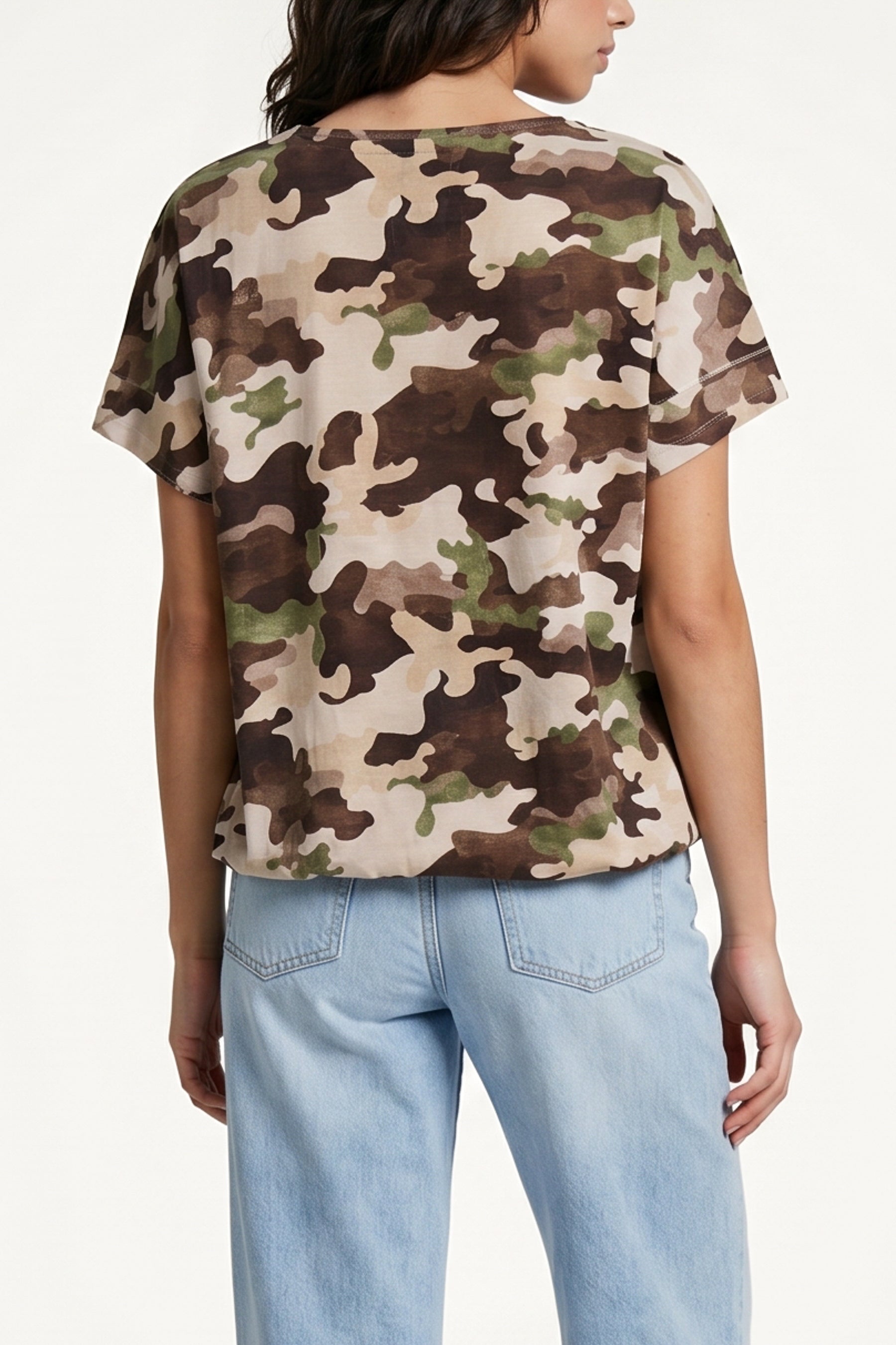 Frill Sleeve Camouflage Print Top
