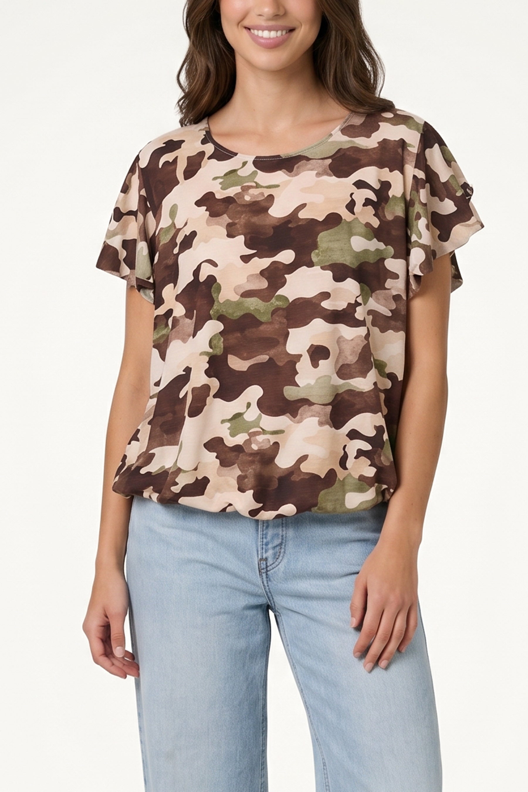 Frill Sleeve Camouflage Print Top