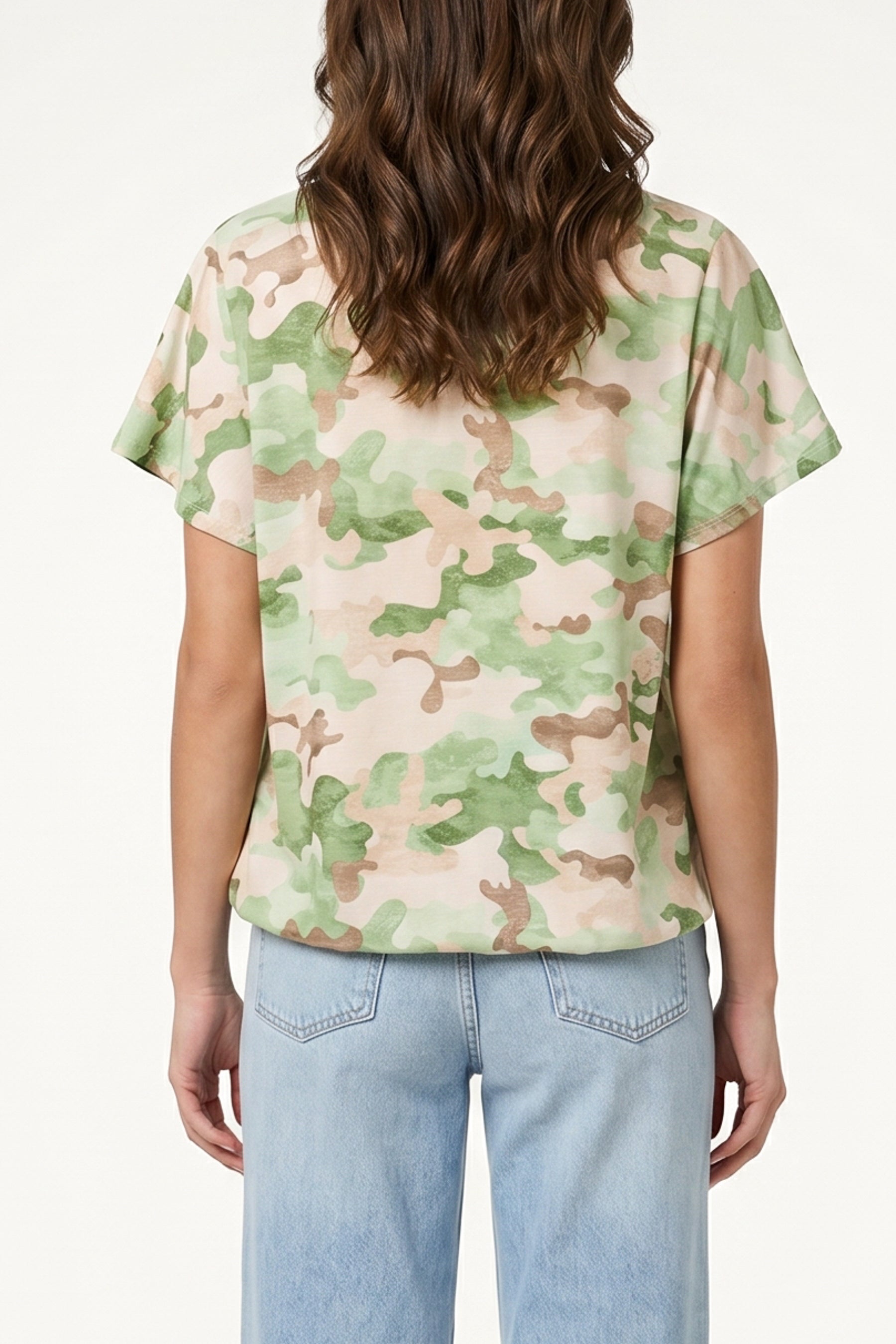 Frill Sleeve Camouflage Print Top