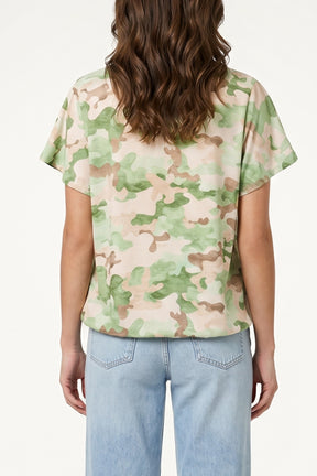 Frill Sleeve Camouflage Print Top