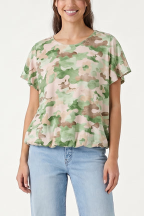 Frill Sleeve Camouflage Print Top