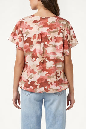 Frill Sleeve Camouflage Print Top