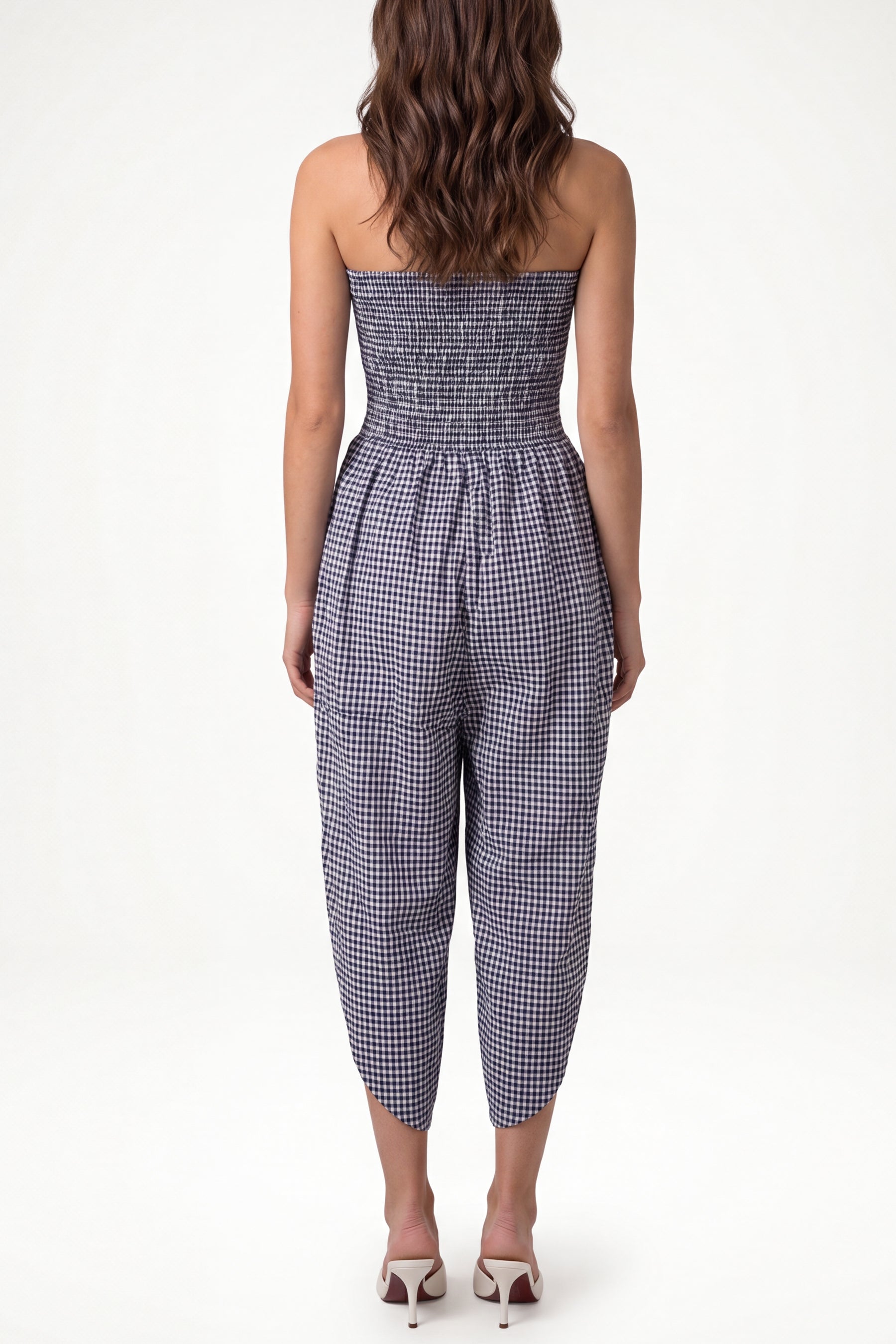 Bandeau Shirred Asymmetric Checked Jumpsuit