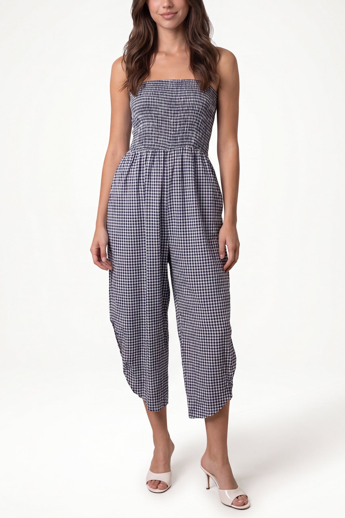 Bandeu Shirred Asymmetric Checked Jumpsuit