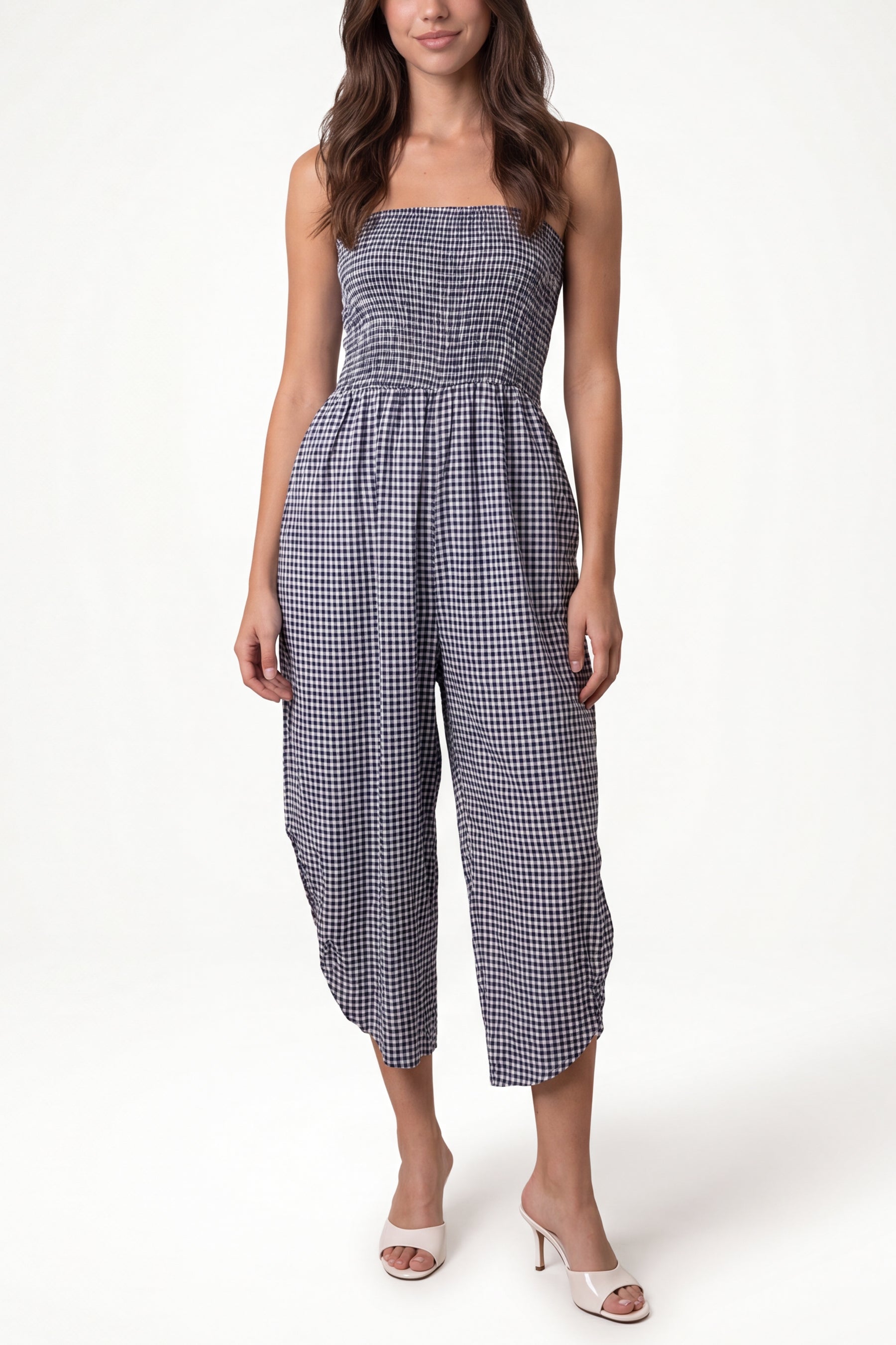 Bandeau Shirred Asymmetric Checked Jumpsuit