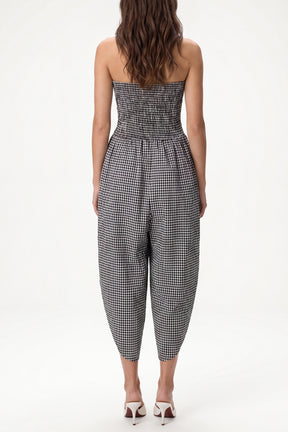 Bandeau Shirred Asymmetric Checked Jumpsuit
