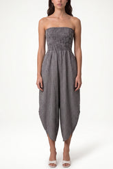 Bandeau Shirred Asymmetric Checked Jumpsuit