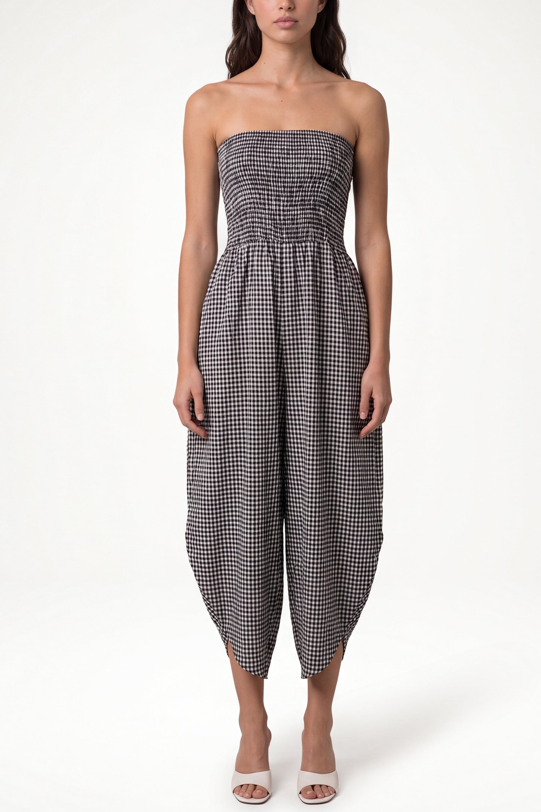 Bandeau Shirred Asymmetric Checked Jumpsuit