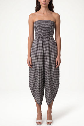 Bandeau Shirred Asymmetric Checked Jumpsuit
