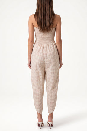Bandeau Shirred Asymmetric Checked Jumpsuit